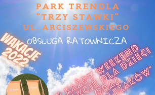 Plakat z atrakcjami Parku Trendla: wata cukrowa, zjeżdżalnia, leżaki.